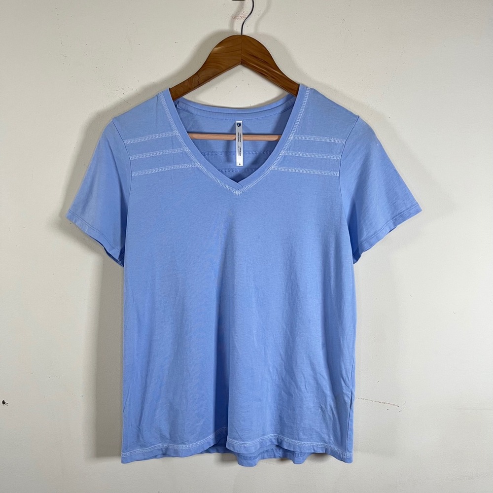 Kuhl Organic Cotton Light Blue V-Neck T-shirt Exposed Seams Gorpcore Size Small